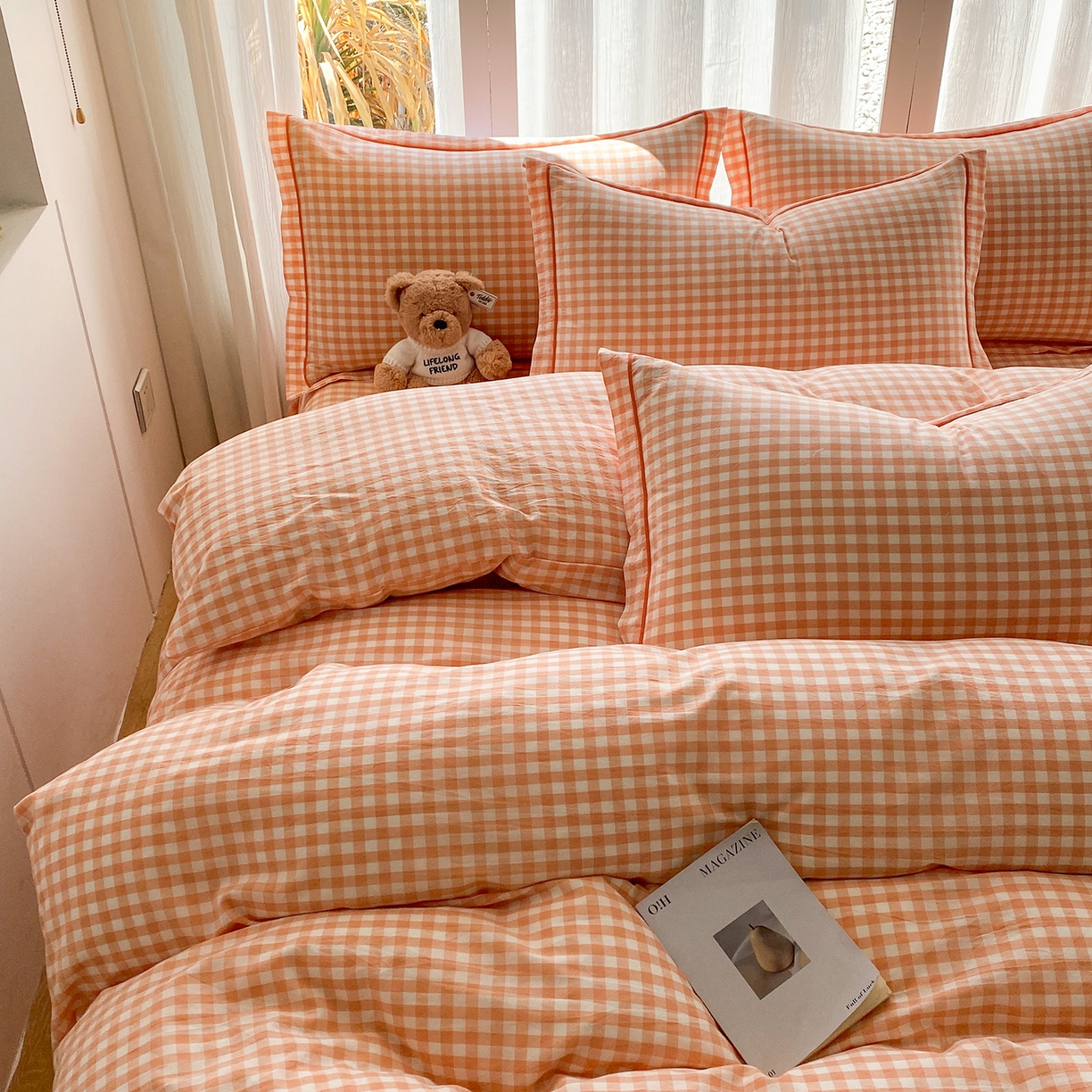 91家纺网 家纺一手货源 找家纺 钰锦珀家纺 2025新款简约全棉色织水洗棉四件套 桔粉小格