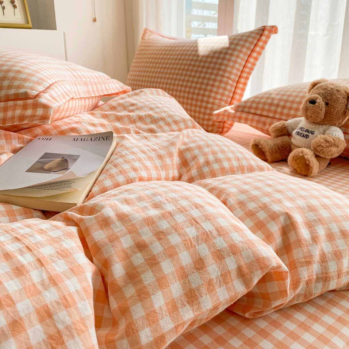 91家纺网 家纺一手货源 找家纺 钰锦珀家纺 2025新款简约全棉色织水洗棉四件套 桔粉小格