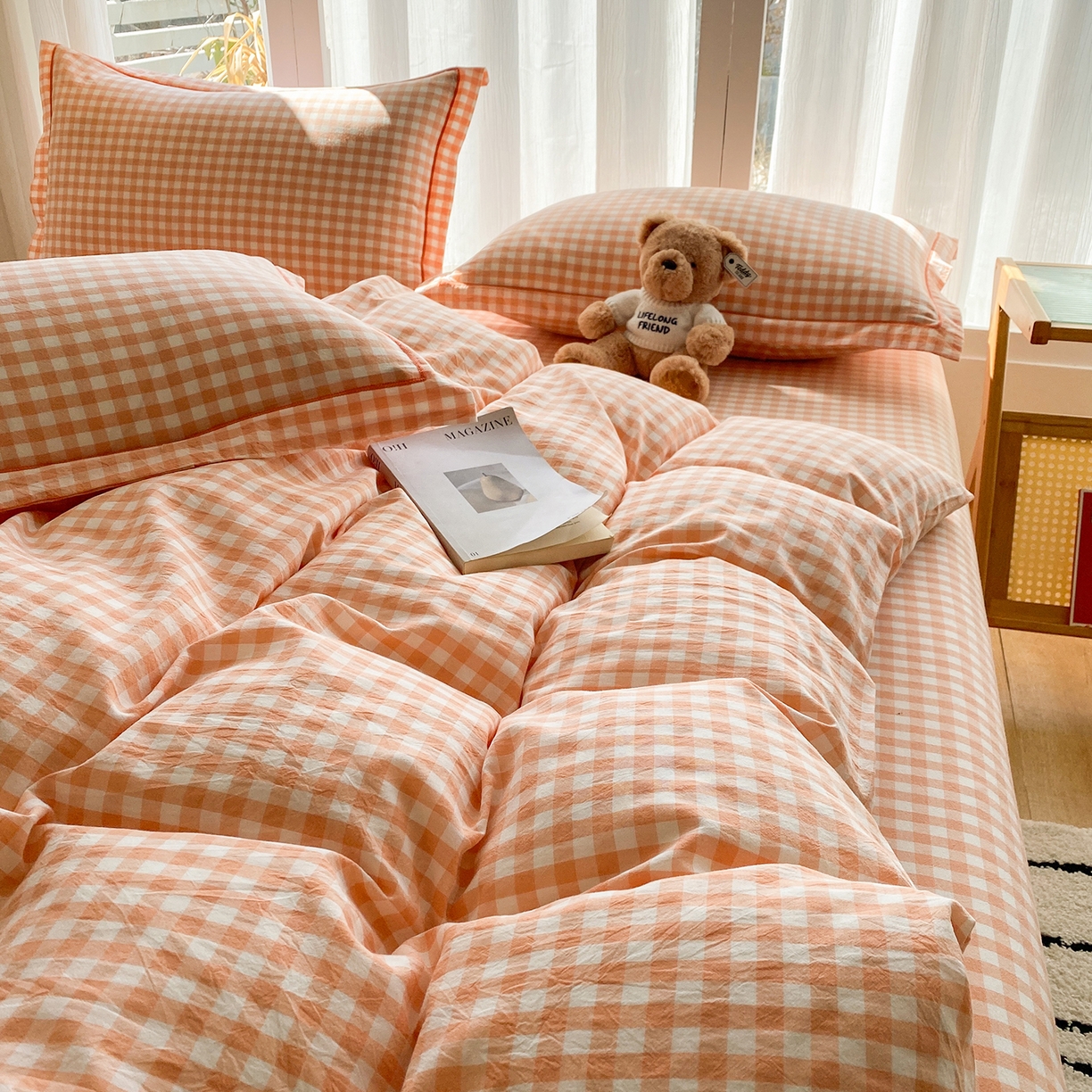 91家纺网 家纺一手货源 找家纺 钰锦珀家纺 2025新款简约全棉色织水洗棉四件套 桔粉小格