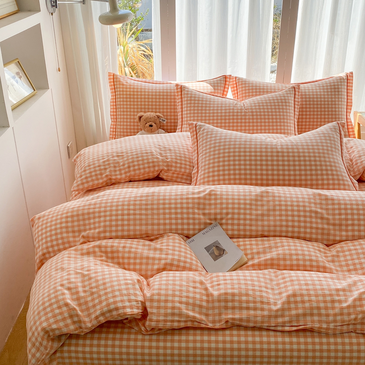 91家纺网 家纺一手货源 找家纺 钰锦珀家纺 2025新款简约全棉色织水洗棉四件套 桔粉小格