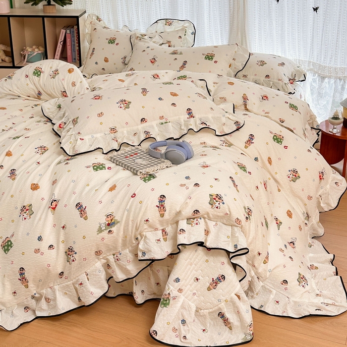 91家纺网 家纺一手货源 找家纺 牵依 2026春夏新款A类云感花边款双层纱床盖四件套 小新狂欢局