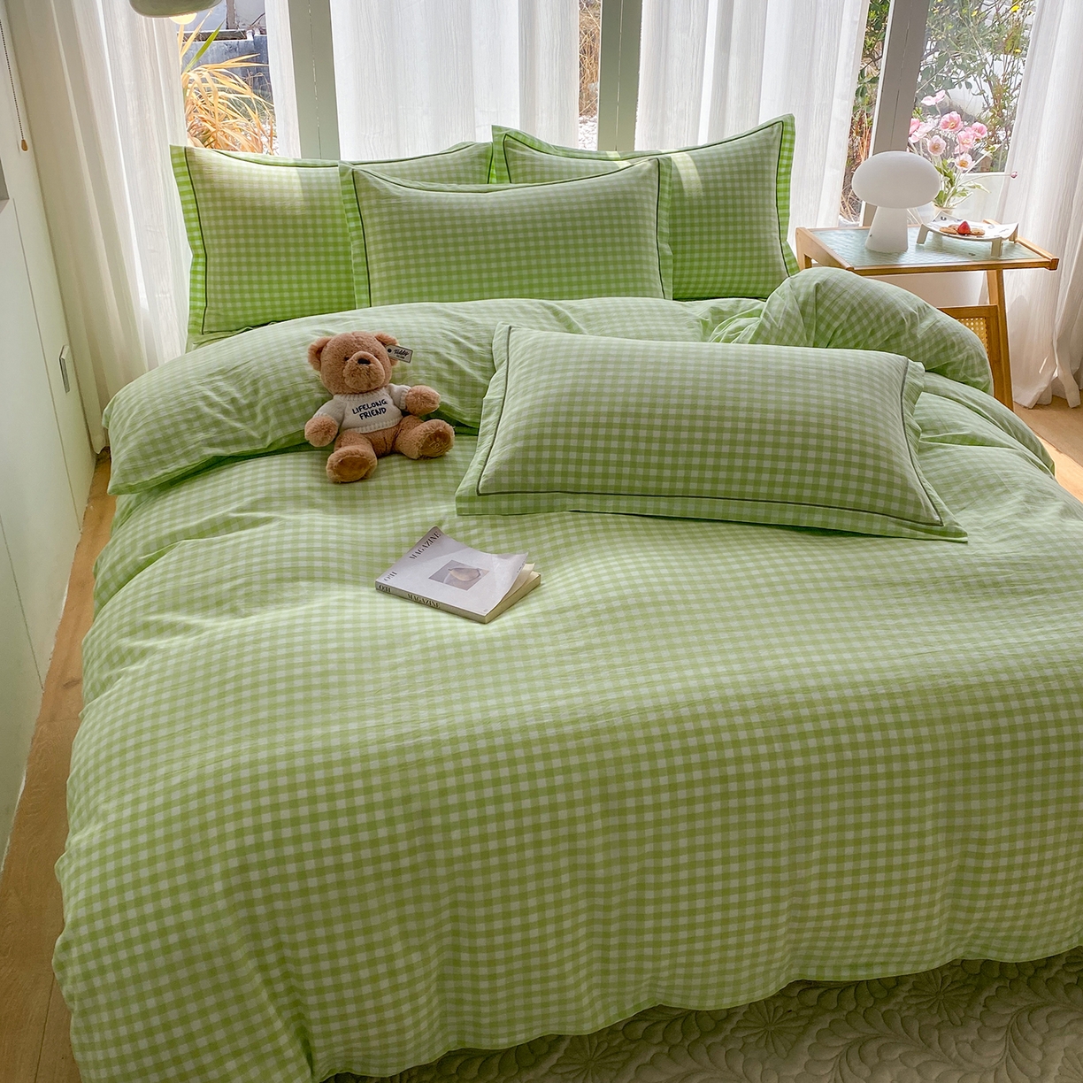 91家纺网 家纺一手货源 找家纺 钰锦珀家纺 2025新款简约全棉色织水洗棉四件套 绿小格