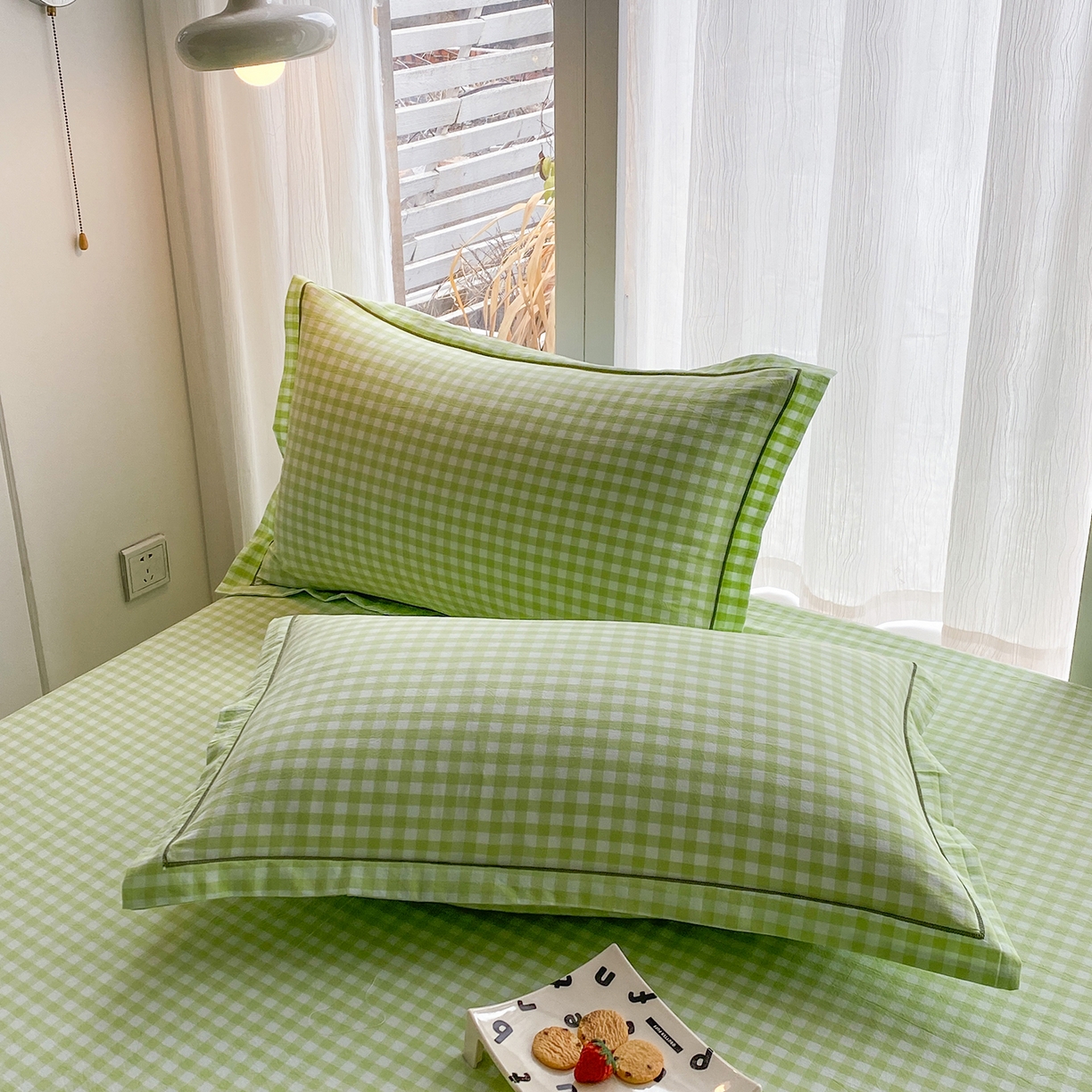 91家纺网 家纺一手货源 找家纺 钰锦珀家纺 2025新款简约全棉色织水洗棉四件套 绿小格