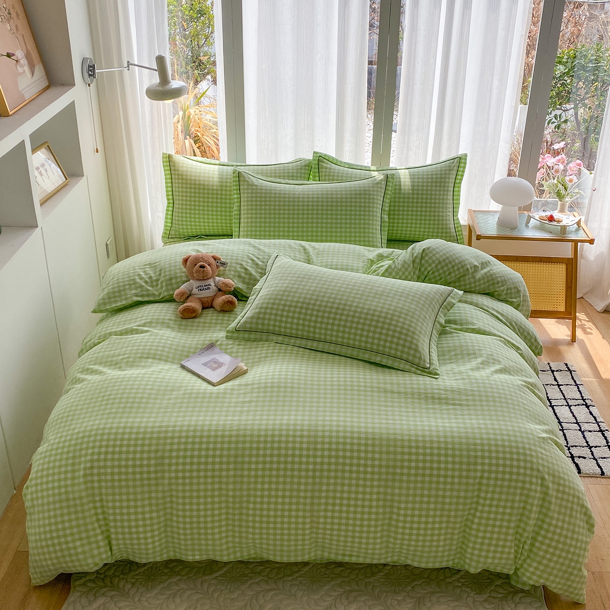 91家纺网 家纺一手货源 找家纺 钰锦珀家纺 2025新款简约全棉色织水洗棉四件套 绿小格