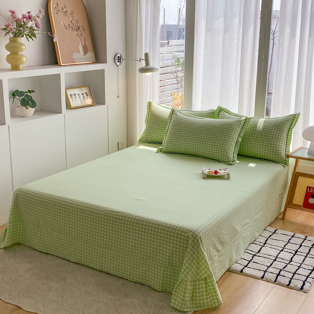 91家纺网 家纺一手货源 找家纺 钰锦珀家纺 2025新款简约全棉色织水洗棉四件套 绿小格