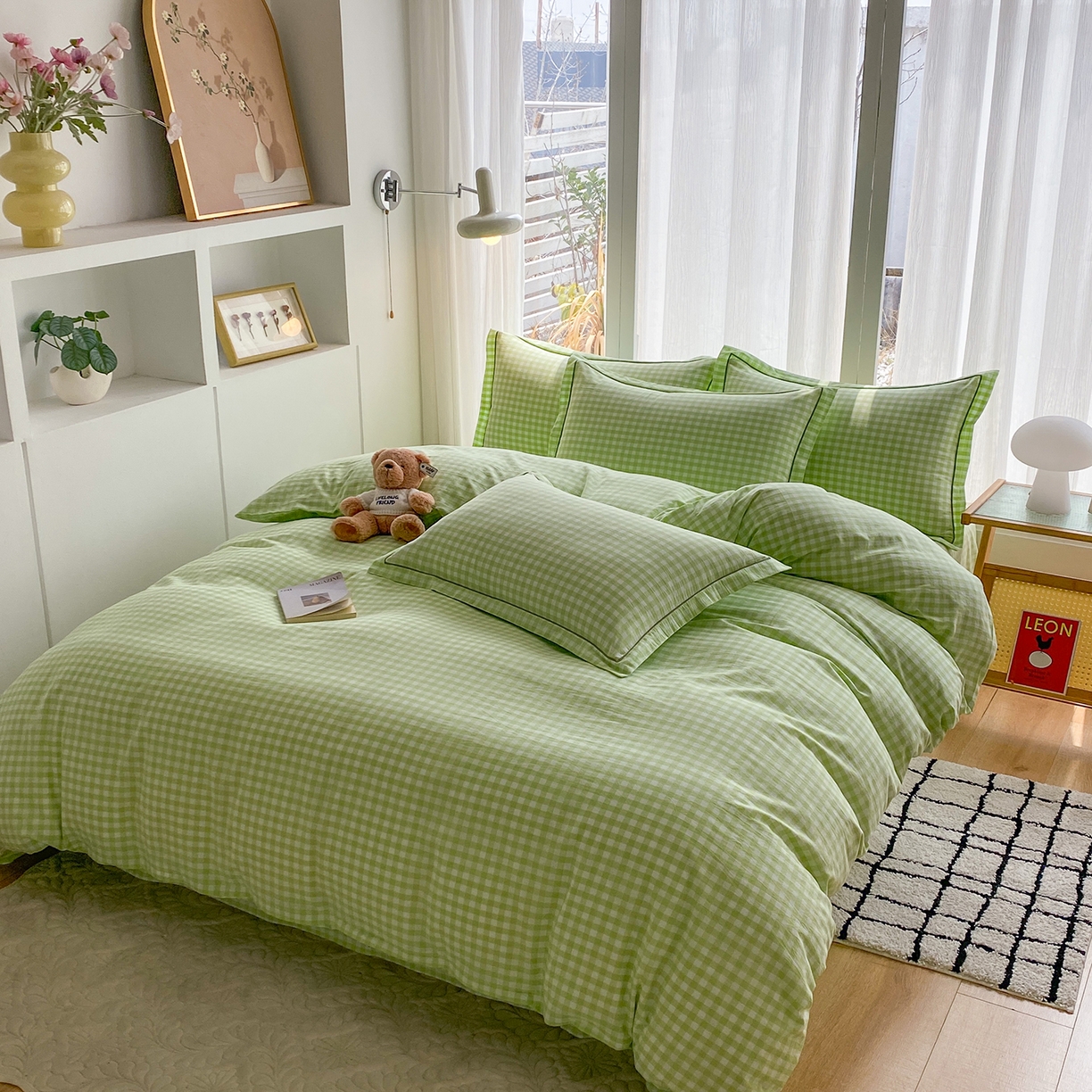 91家纺网 家纺一手货源 找家纺 钰锦珀家纺 2025新款简约全棉色织水洗棉四件套 绿小格