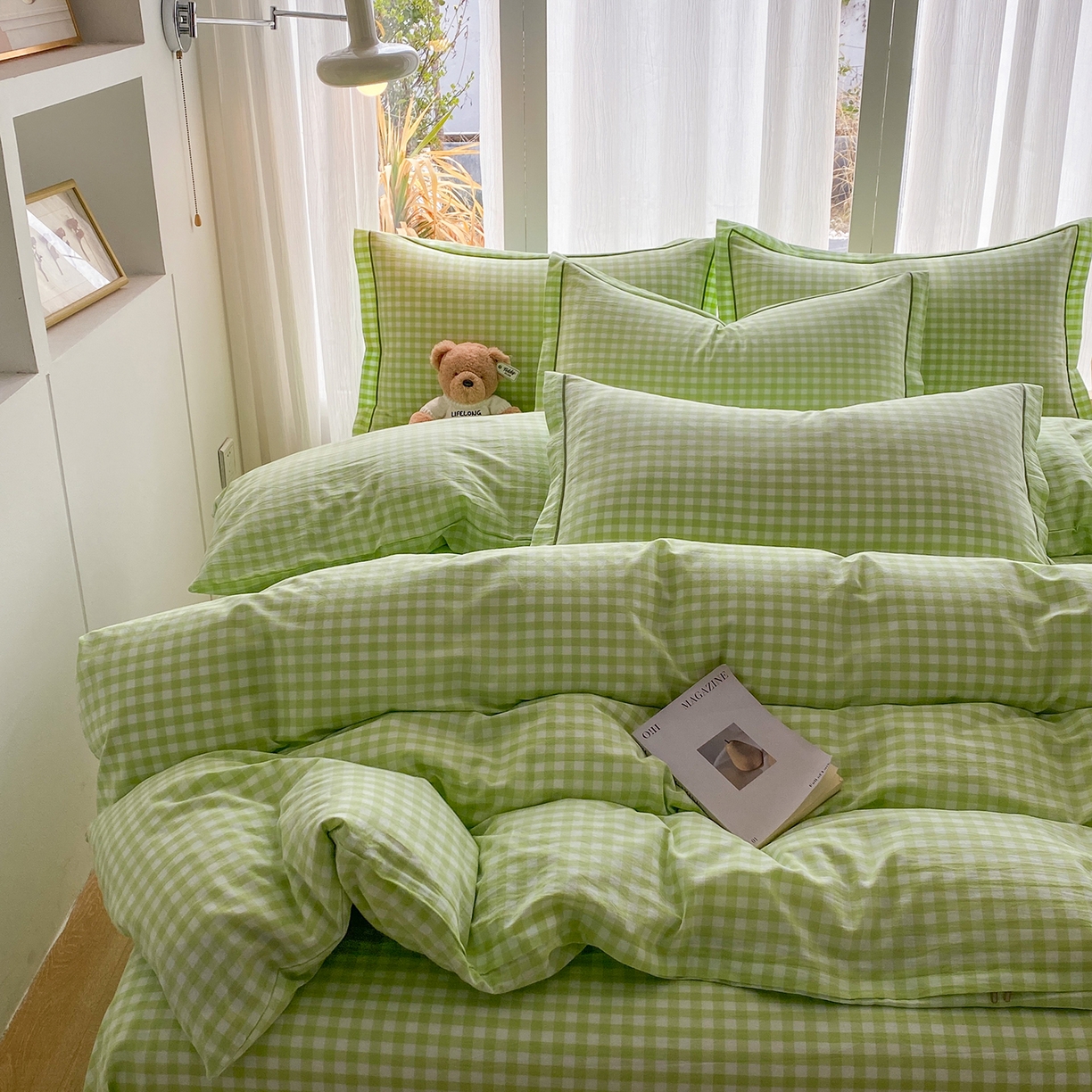 91家纺网 家纺一手货源 找家纺 钰锦珀家纺 2025新款简约全棉色织水洗棉四件套 绿小格