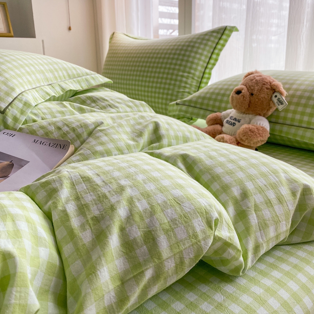 91家纺网 家纺一手货源 找家纺 钰锦珀家纺 2025新款简约全棉色织水洗棉四件套 绿小格