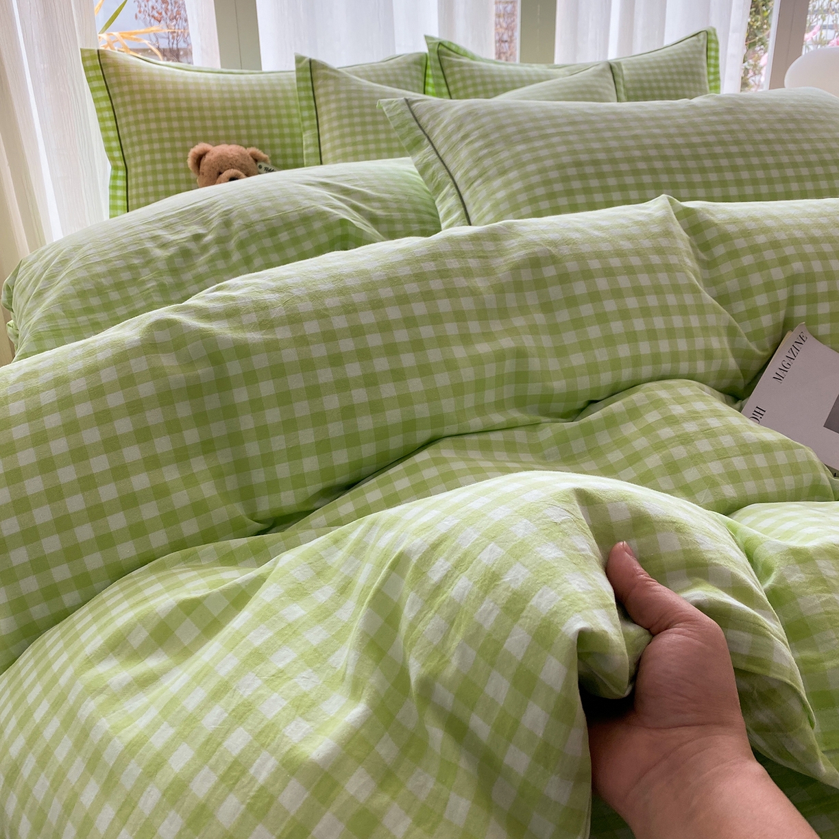 91家纺网 家纺一手货源 找家纺 钰锦珀家纺 2025新款简约全棉色织水洗棉四件套 绿小格