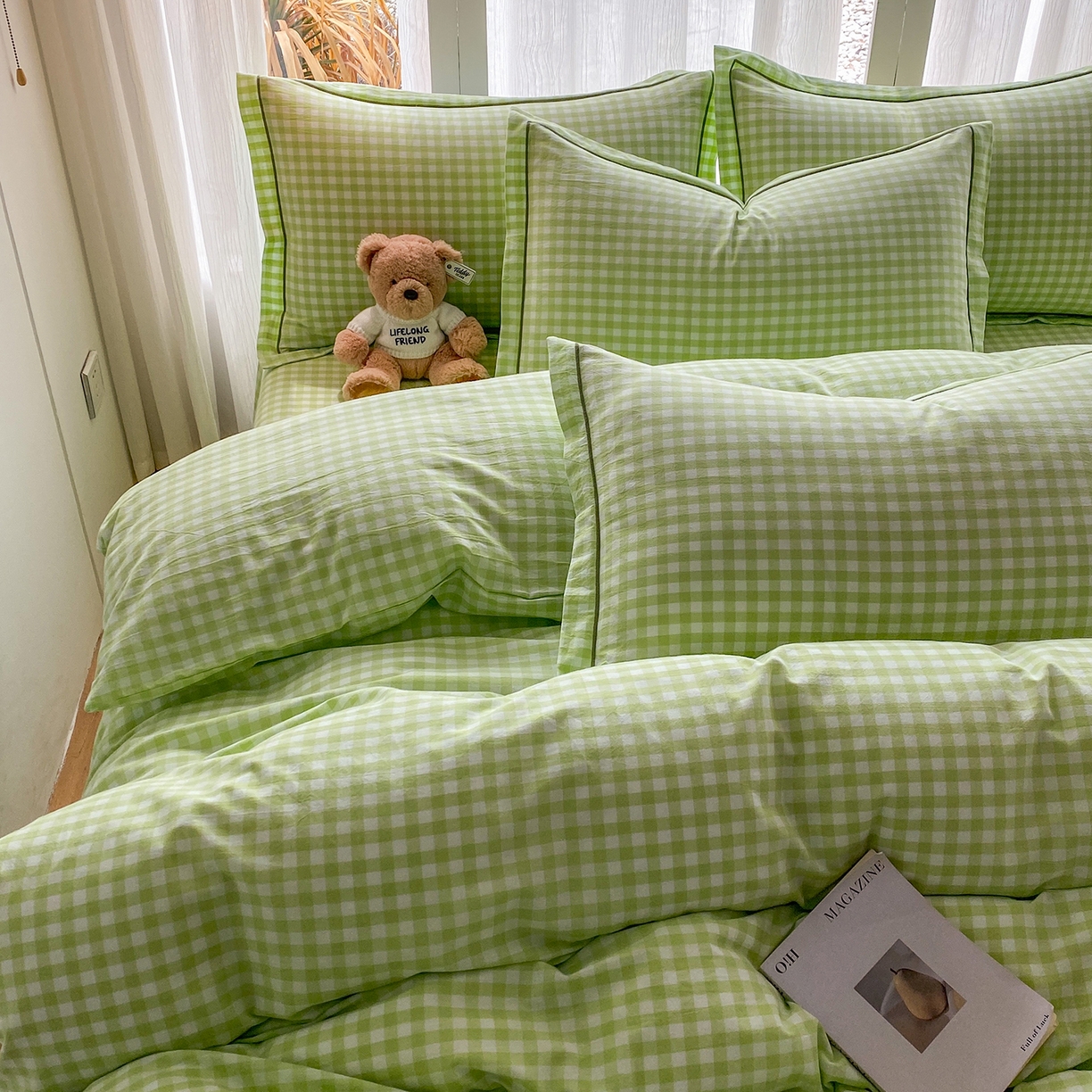 91家纺网 家纺一手货源 找家纺 钰锦珀家纺 2025新款简约全棉色织水洗棉四件套 绿小格