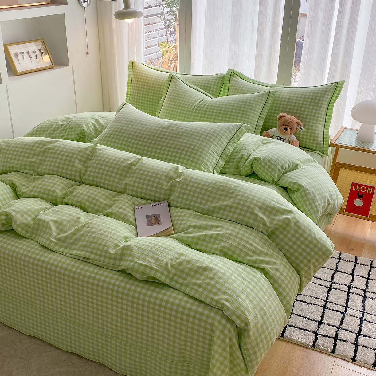 91家纺网 家纺一手货源 找家纺 钰锦珀家纺 2025新款简约全棉色织水洗棉四件套 绿小格