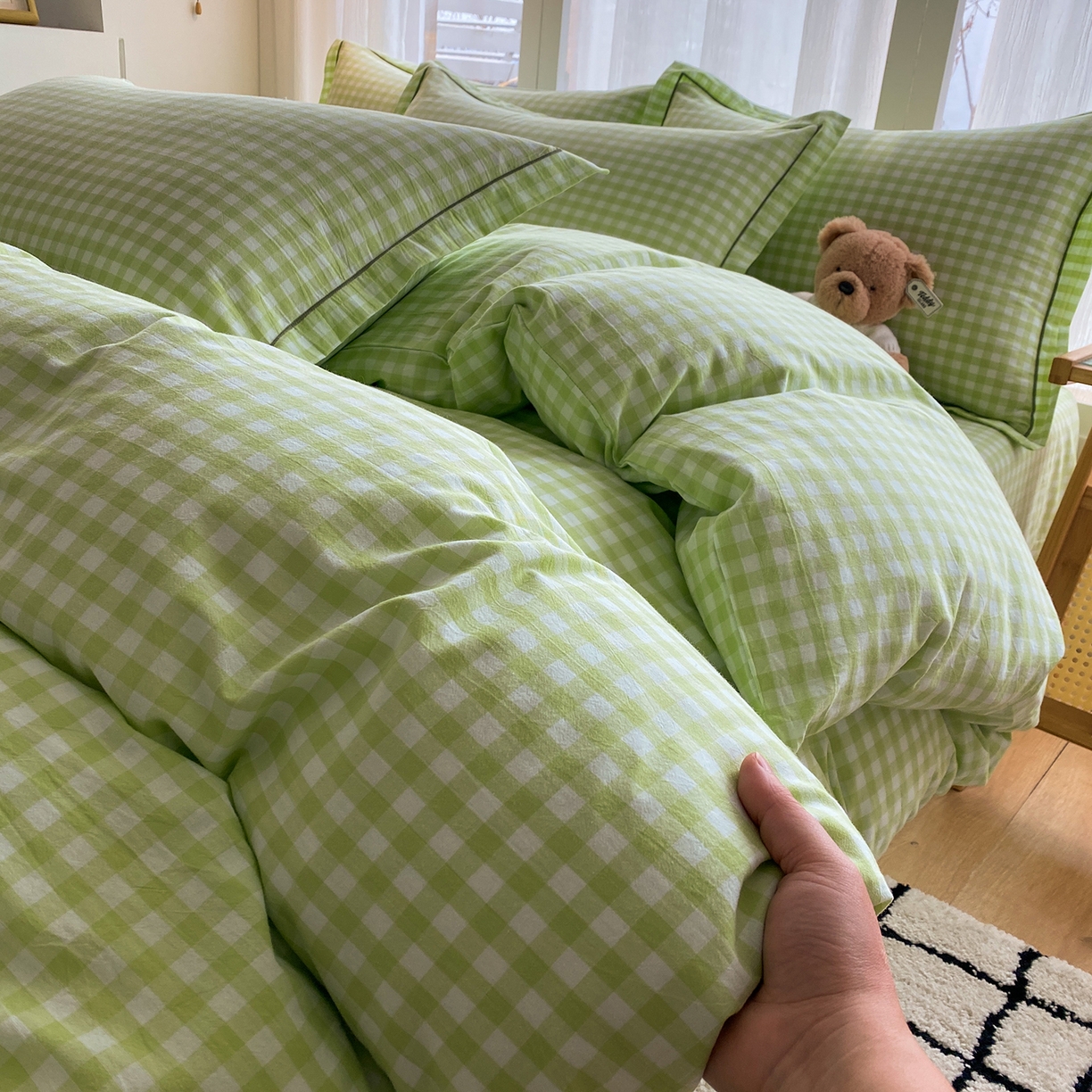 91家纺网 家纺一手货源 找家纺 钰锦珀家纺 2025新款简约全棉色织水洗棉四件套 绿小格