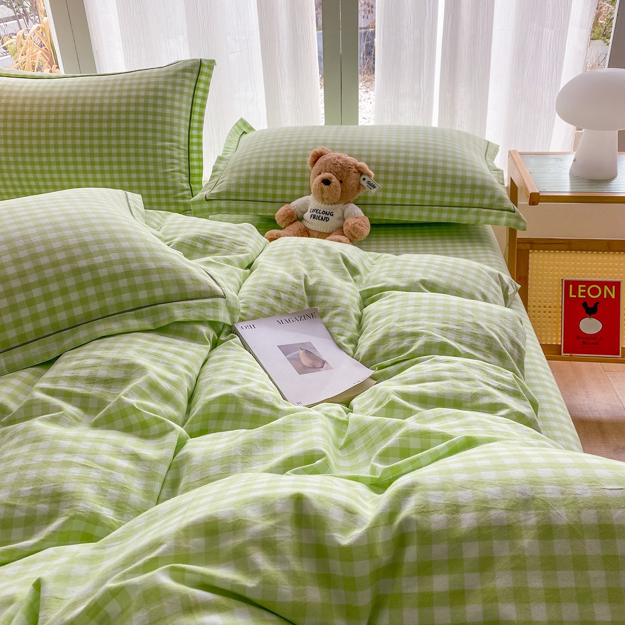 91家纺网 家纺一手货源 找家纺 钰锦珀家纺 2025新款简约全棉色织水洗棉四件套 绿小格