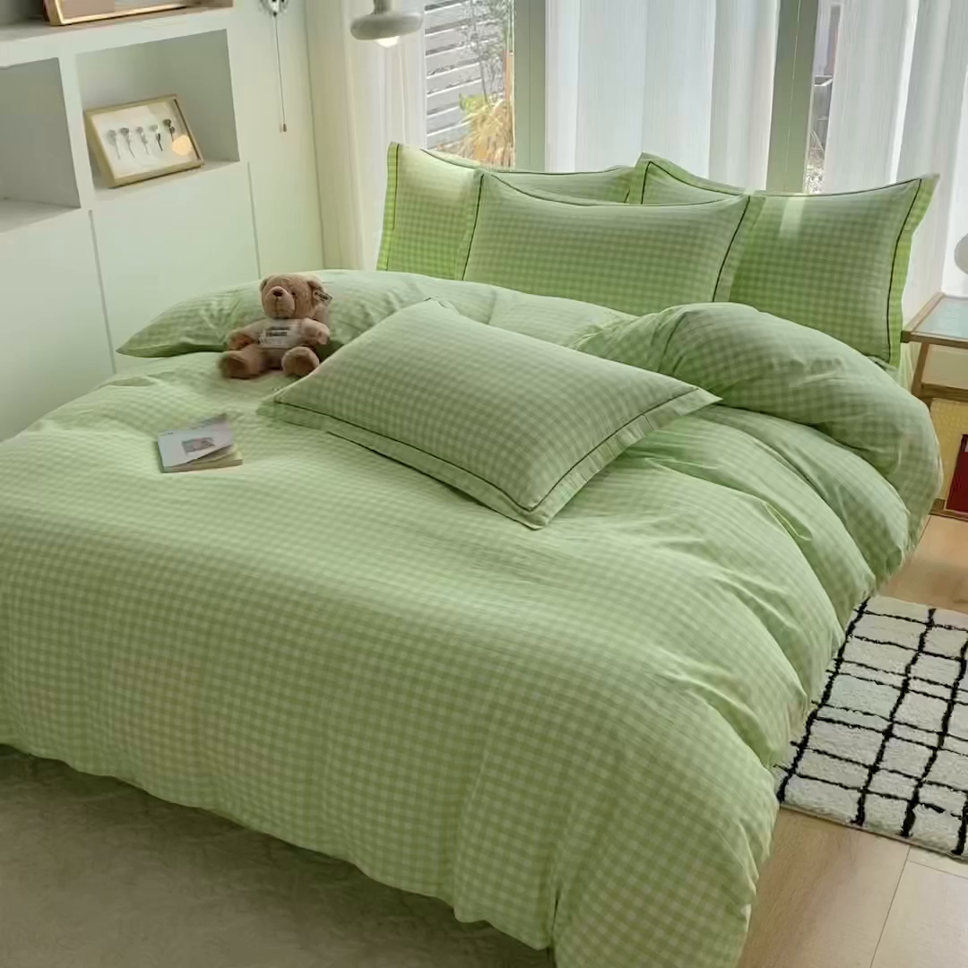 91家纺网 家纺一手货源 找家纺 钰锦珀家纺 2025新款简约全棉色织水洗棉四件套 绿小格
