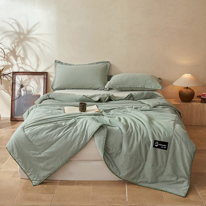 91家纺网 家纺一手货源 找家纺 阳光被业 2026新款100%棉花双层纱夏被新疆棉花空调被可机洗夏凉被绣边踩棉工艺 纯色--豆绿