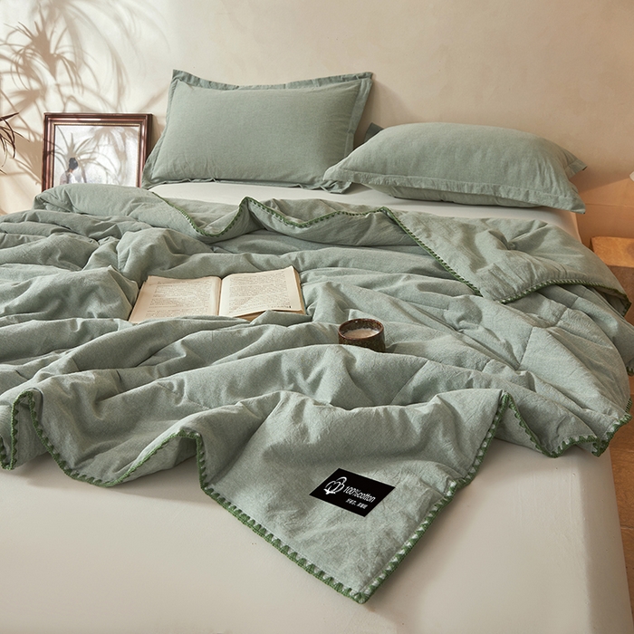 91家纺网 家纺一手货源 找家纺 阳光被业 2026新款100%棉花双层纱夏被新疆棉花空调被可机洗夏凉被绣边踩棉工艺 纯色--豆绿