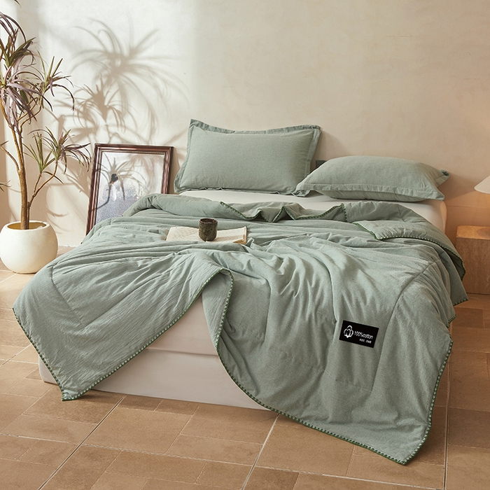 91家纺网 家纺一手货源 找家纺 阳光被业 2026新款100%棉花双层纱夏被新疆棉花空调被可机洗夏凉被绣边踩棉工艺 纯色--豆绿