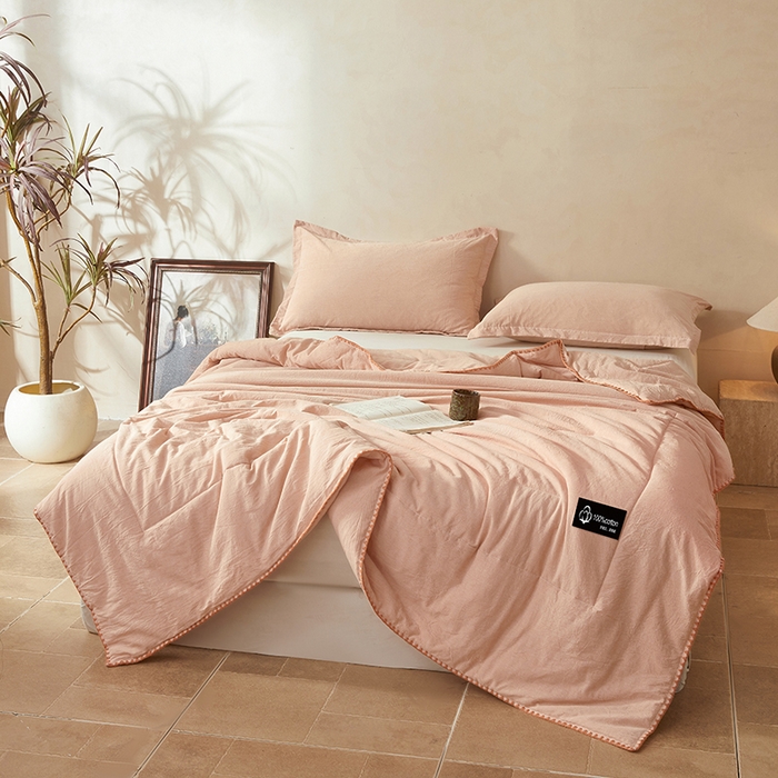 91家纺网 家纺一手货源 找家纺 阳光被业 2026新款100%棉花双层纱夏被新疆棉花空调被可机洗夏凉被绣边踩棉工艺 纯色--粉玉