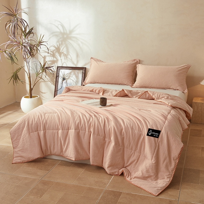 91家纺网 家纺一手货源 找家纺 阳光被业 2026新款100%棉花双层纱夏被新疆棉花空调被可机洗夏凉被绣边踩棉工艺 纯色--粉玉