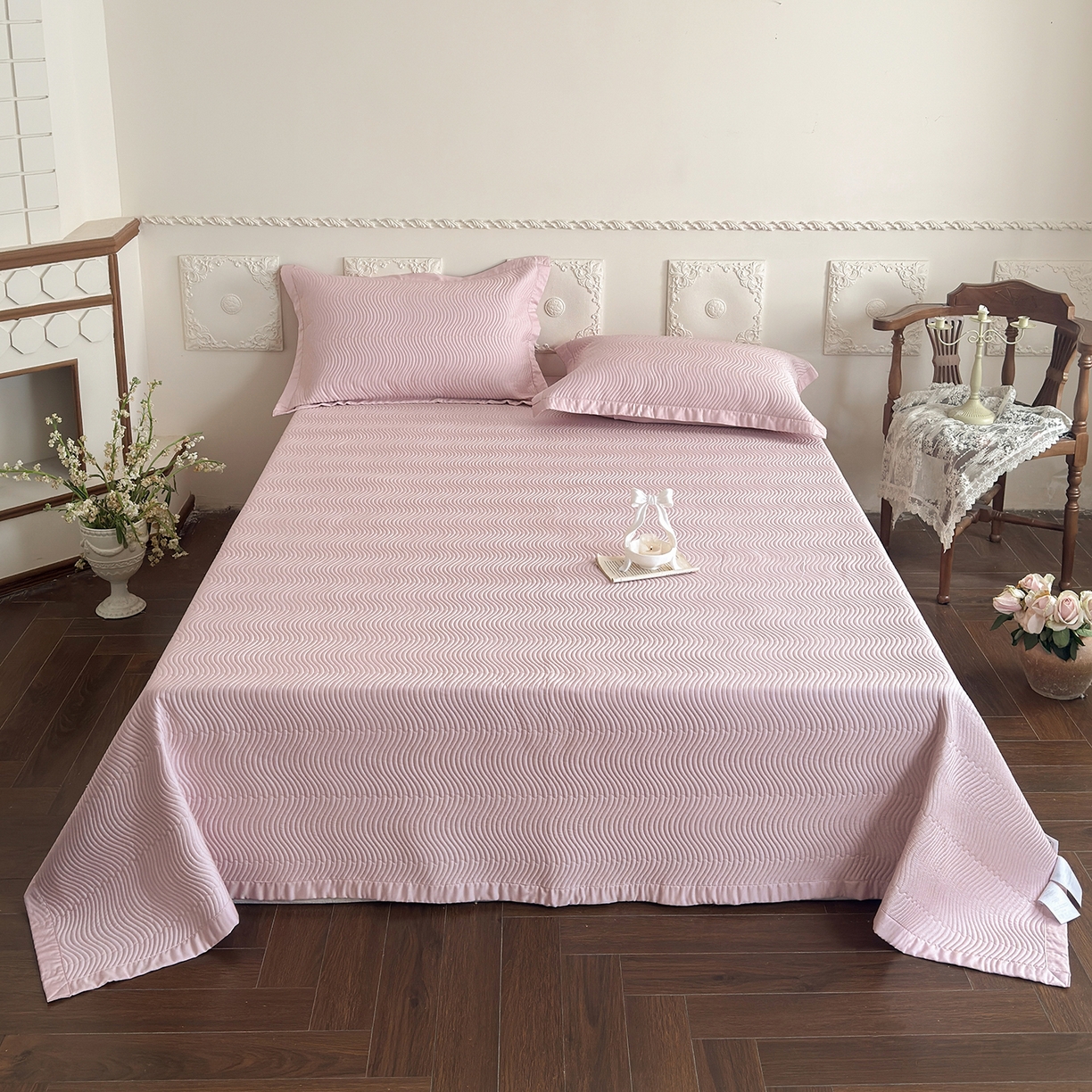 91家纺网 家纺一手货源 找家纺 摩时 2026春夏新品莱赛尔凉席空调软席凉席席子三件套 樱花粉