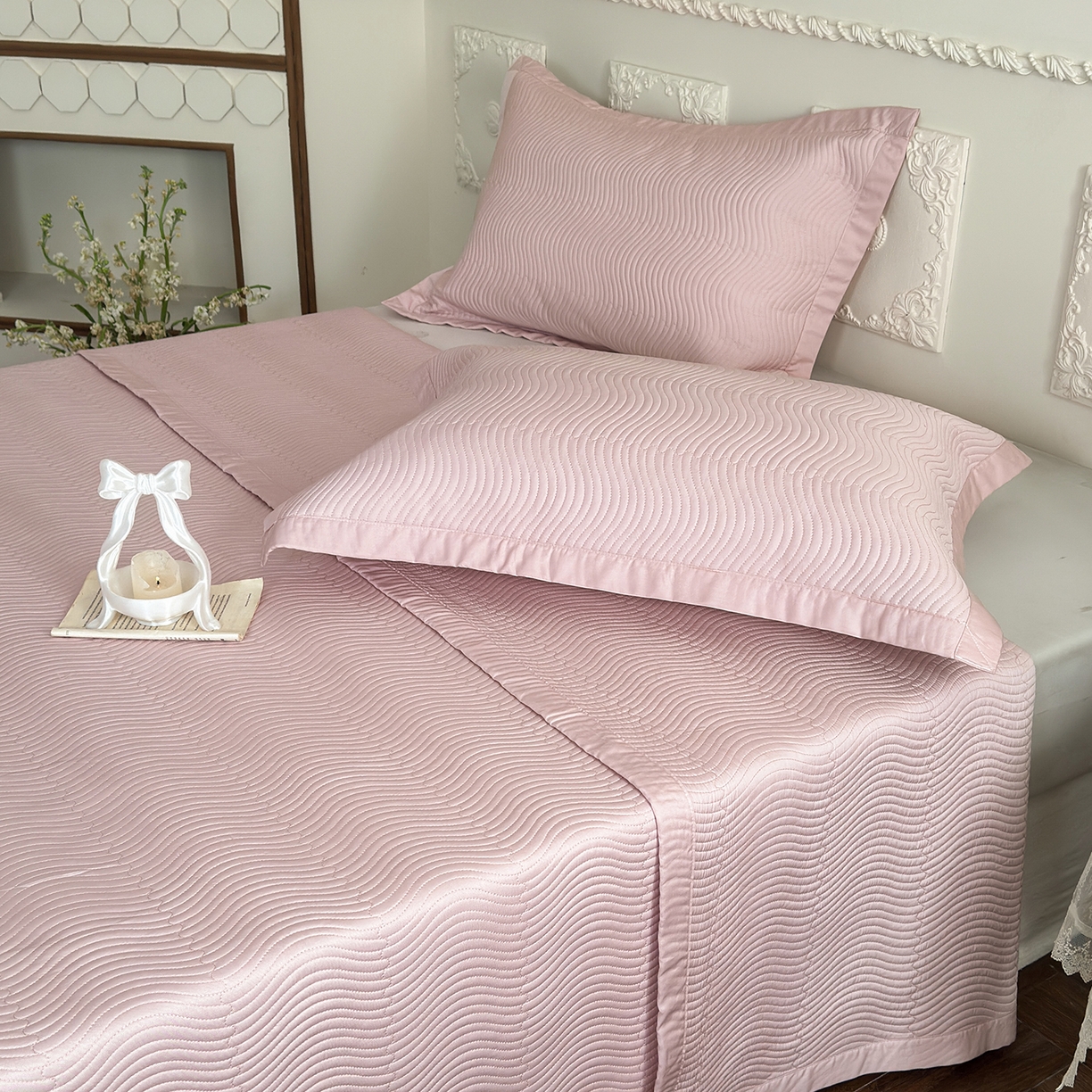 91家纺网 家纺一手货源 找家纺 摩时 2026春夏新品莱赛尔凉席空调软席凉席席子三件套 樱花粉