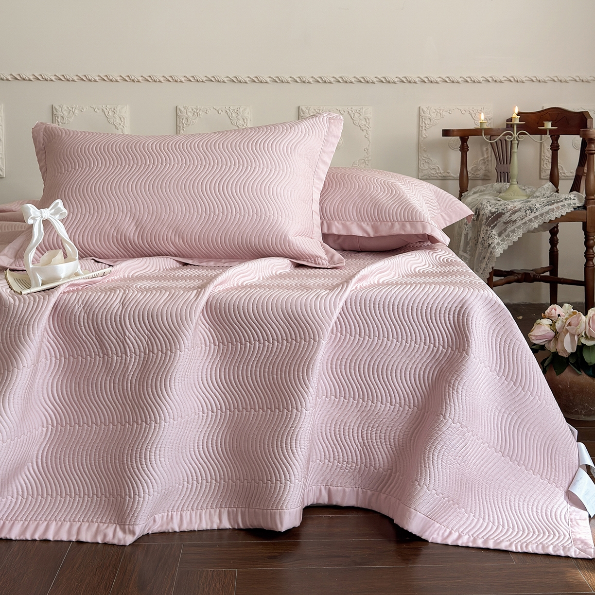 91家纺网 家纺一手货源 找家纺 摩时 2026春夏新品莱赛尔凉席空调软席凉席席子三件套 樱花粉