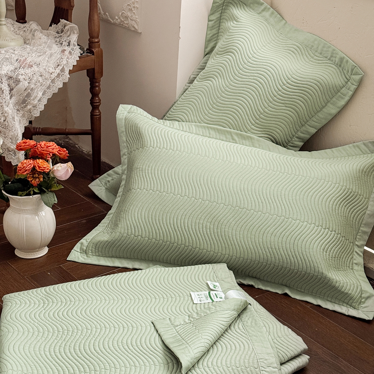 91家纺网 家纺一手货源 找家纺 摩时 2026春夏新品莱赛尔凉席空调软席凉席席子三件套 翡翠绿