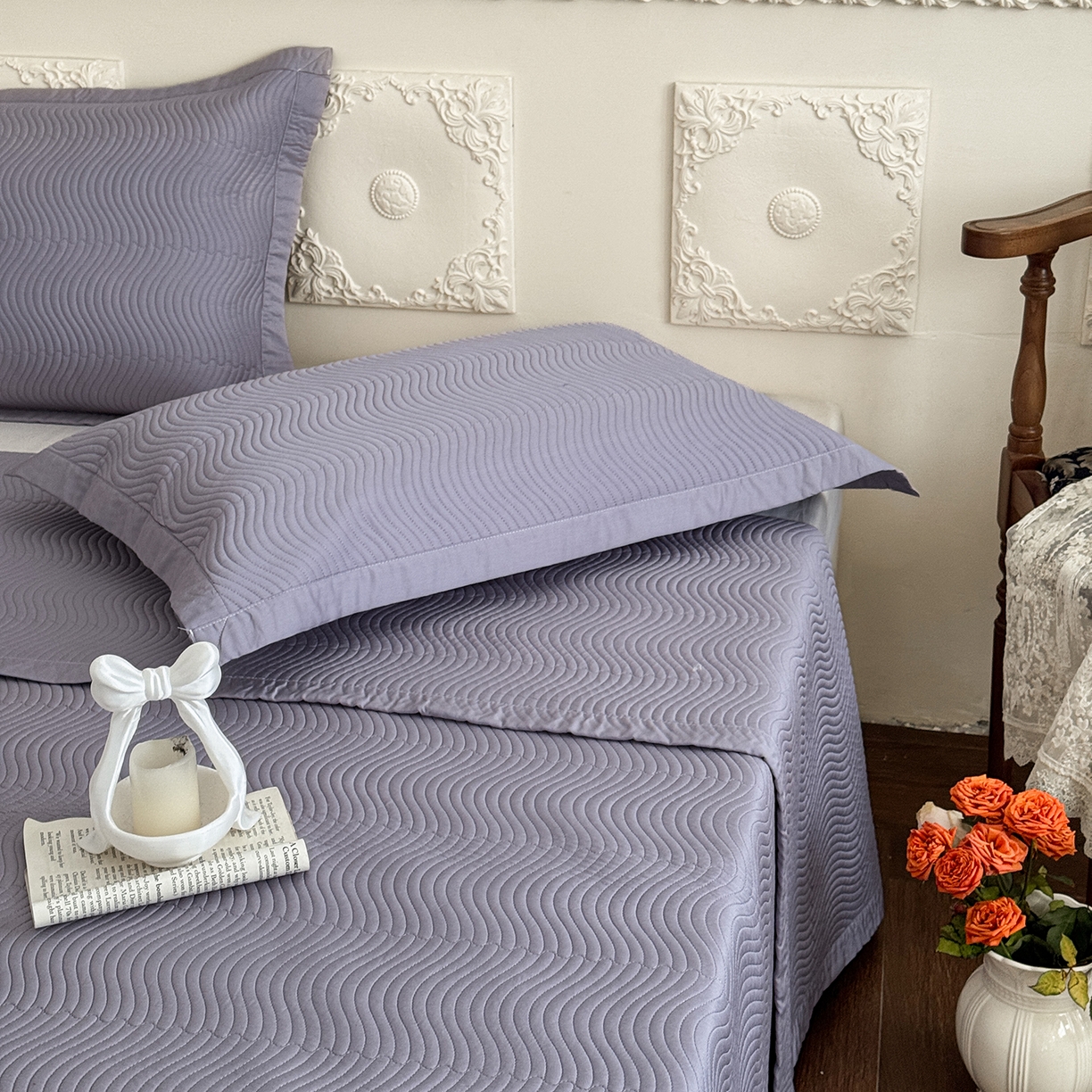 91家纺网 家纺一手货源 找家纺 摩时 2026春夏新品莱赛尔凉席空调软席凉席席子三件套 紫藤灰