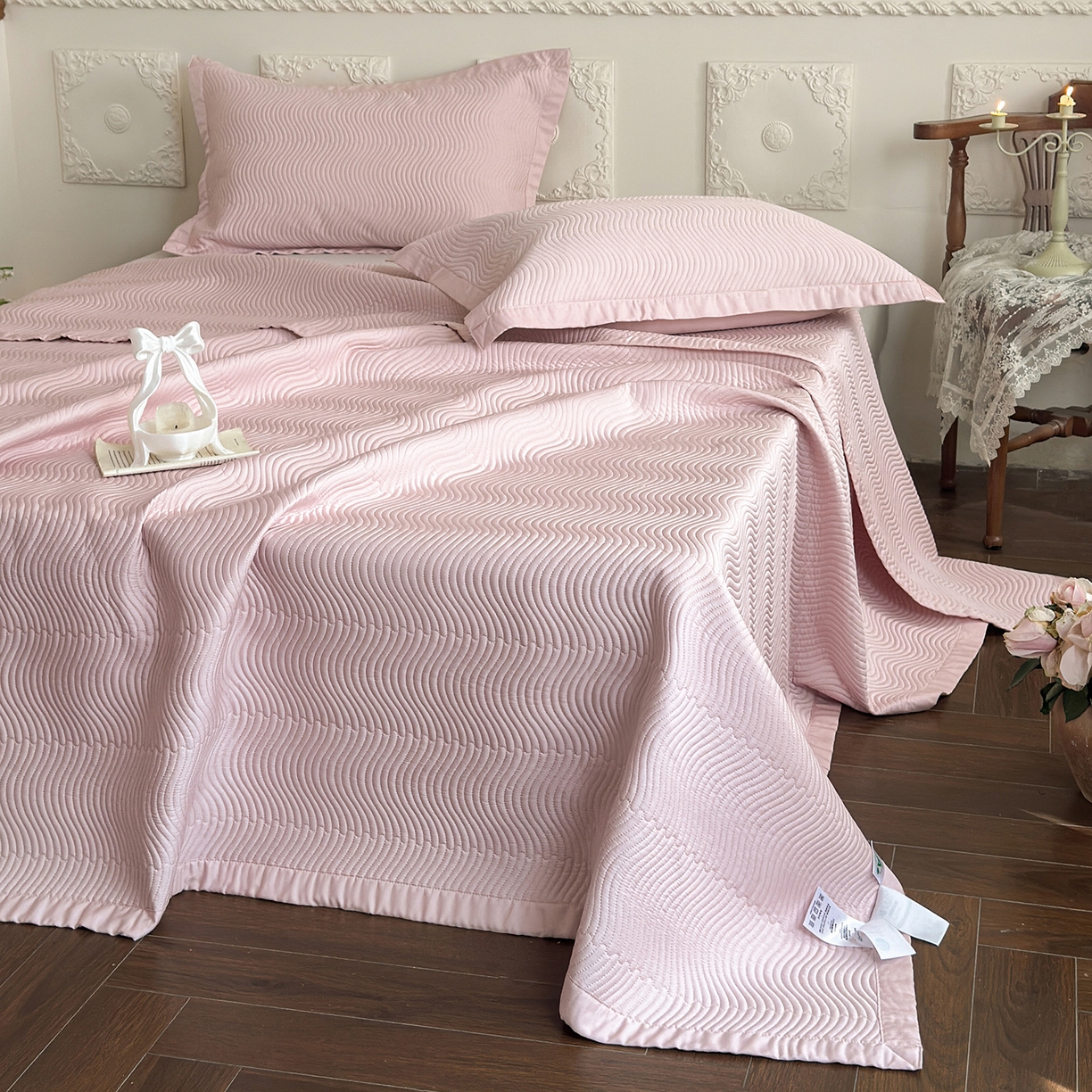 91家纺网 家纺一手货源 找家纺 摩时 2026春夏新品莱赛尔凉席空调软席凉席席子三件套 樱花粉