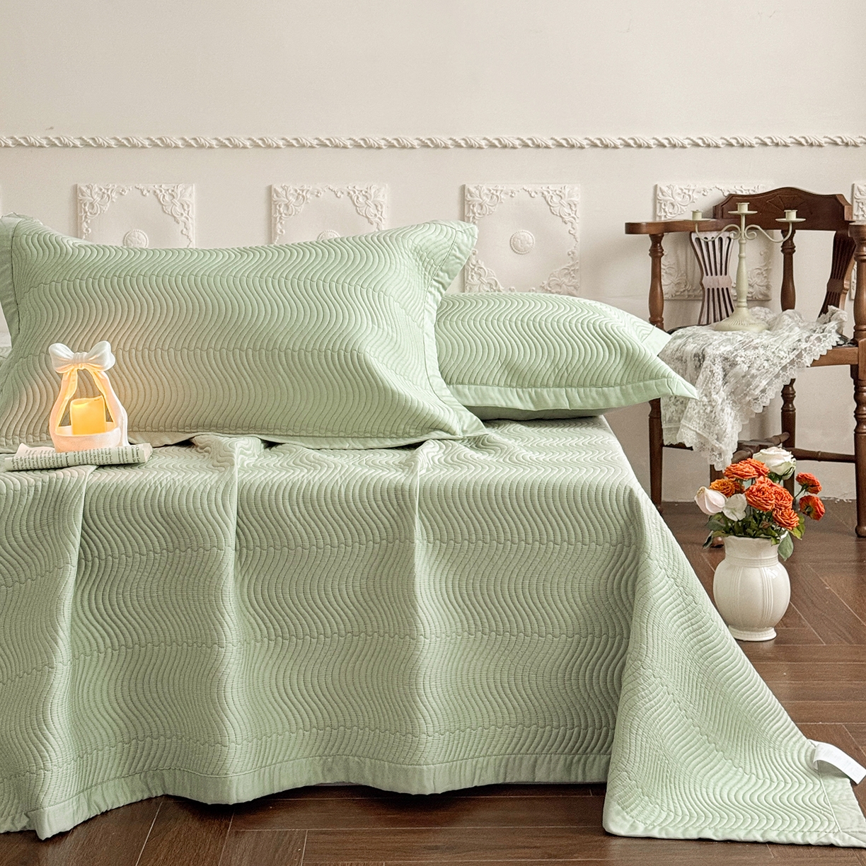 91家纺网 家纺一手货源 找家纺 摩时 2026春夏新品莱赛尔凉席空调软席凉席席子三件套 翡翠绿