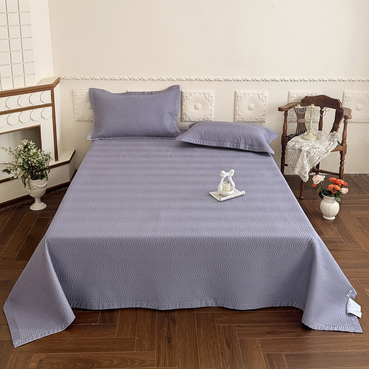 摩时 2026春夏新品莱赛尔凉席空调软席凉席席子三件套 紫藤灰