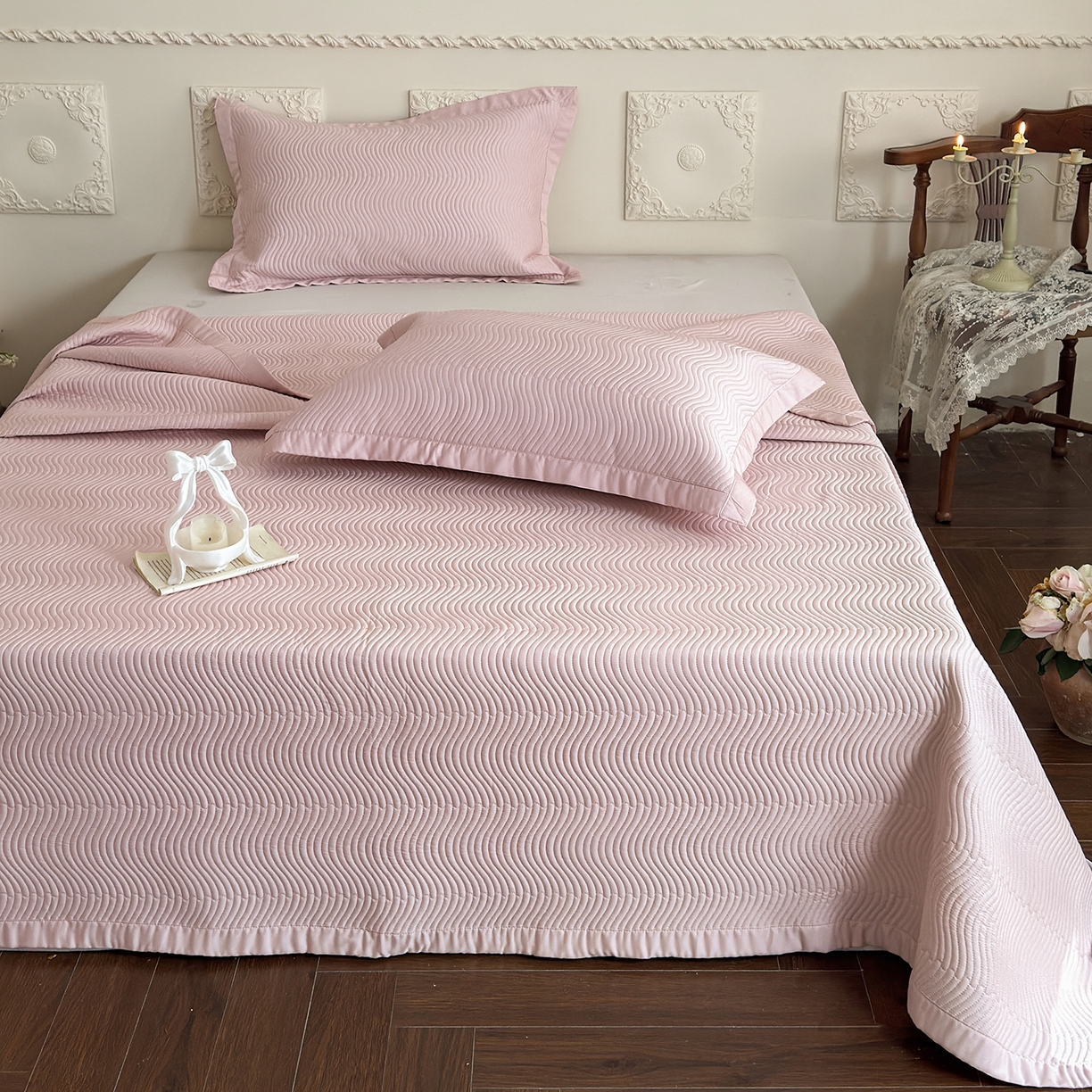 91家纺网 家纺一手货源 找家纺 摩时 2026春夏新品莱赛尔凉席空调软席凉席席子三件套 樱花粉