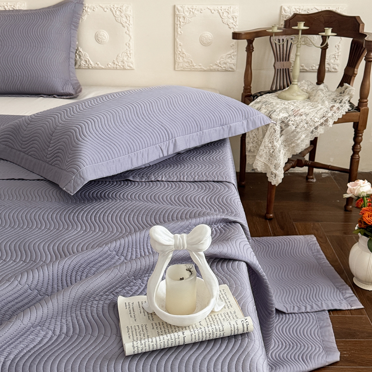 91家纺网 家纺一手货源 找家纺 摩时 2026春夏新品莱赛尔凉席空调软席凉席席子三件套 紫藤灰