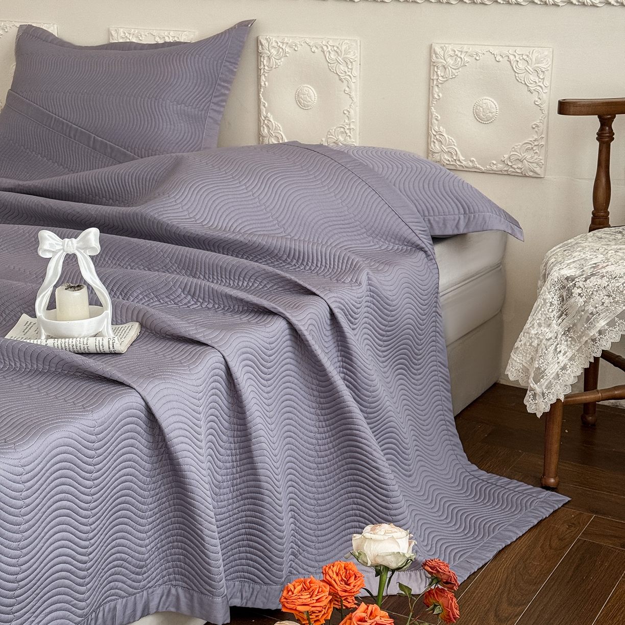 91家纺网 家纺一手货源 找家纺 摩时 2026春夏新品莱赛尔凉席空调软席凉席席子三件套 紫藤灰