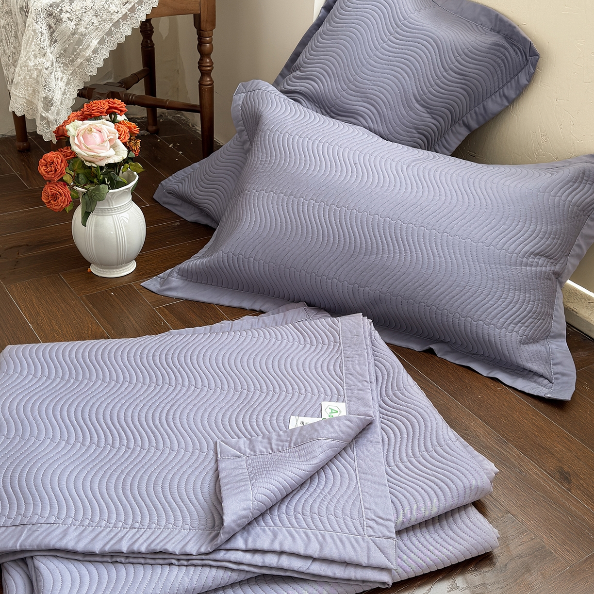 91家纺网 家纺一手货源 找家纺 摩时 2026春夏新品莱赛尔凉席空调软席凉席席子三件套 紫藤灰