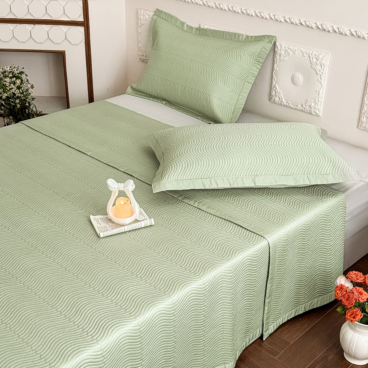 91家纺网 家纺一手货源 找家纺 摩时 2026春夏新品莱赛尔凉席空调软席凉席席子三件套 翡翠绿