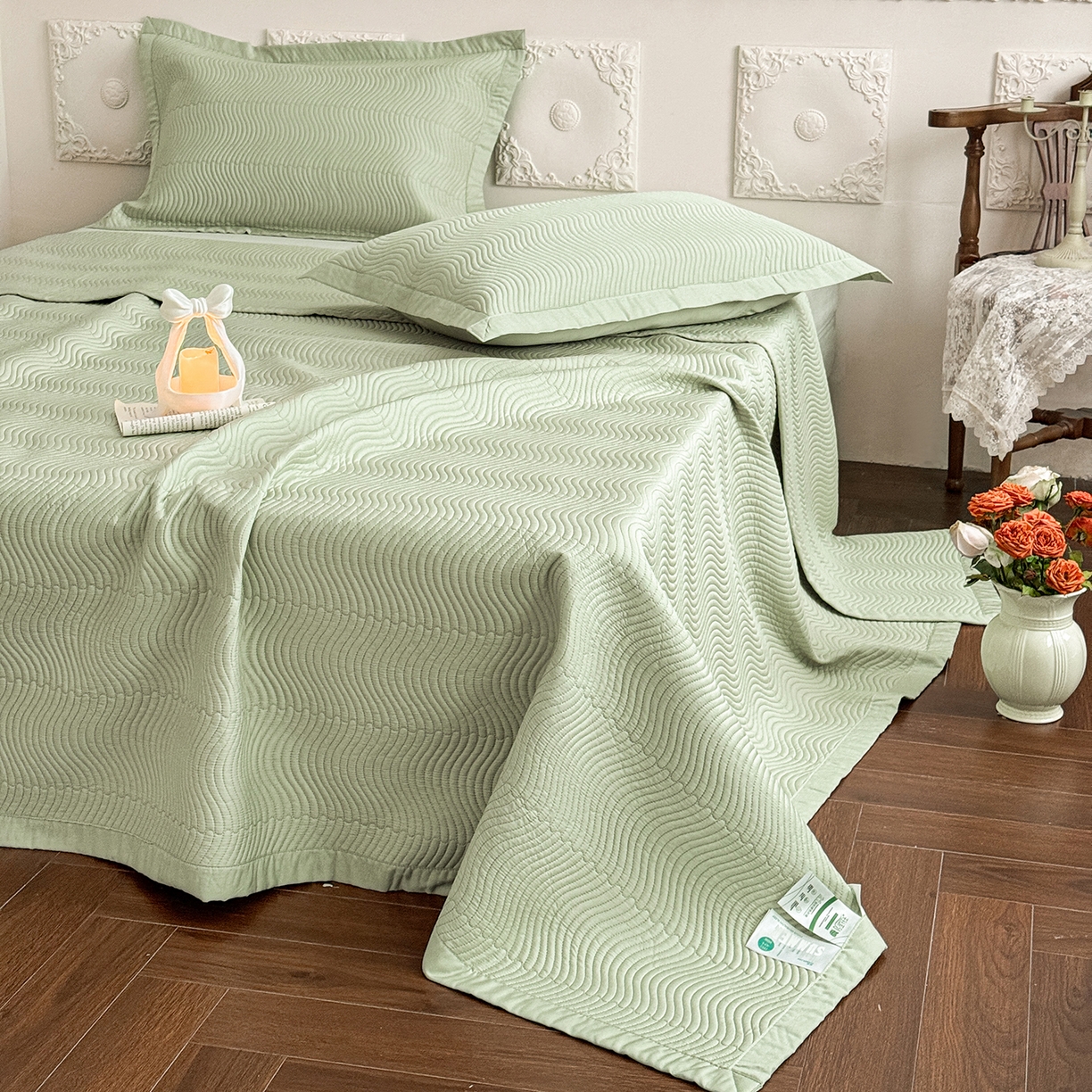 91家纺网 家纺一手货源 找家纺 摩时 2026春夏新品莱赛尔凉席空调软席凉席席子三件套 翡翠绿