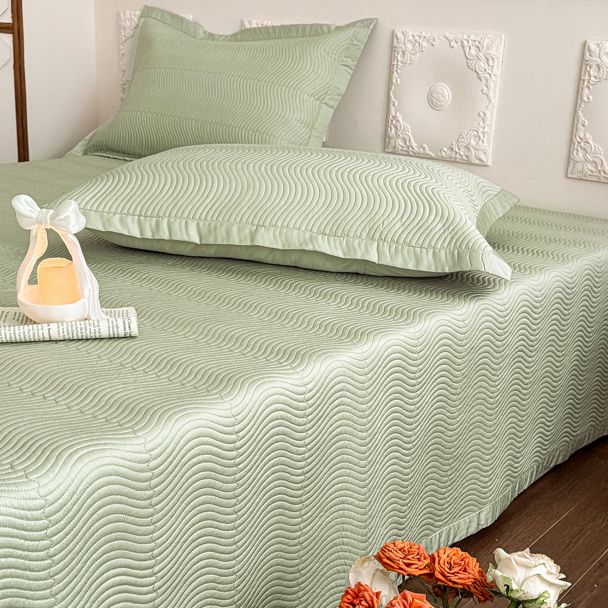 91家纺网 家纺一手货源 找家纺 摩时 2026春夏新品莱赛尔凉席空调软席凉席席子三件套 翡翠绿