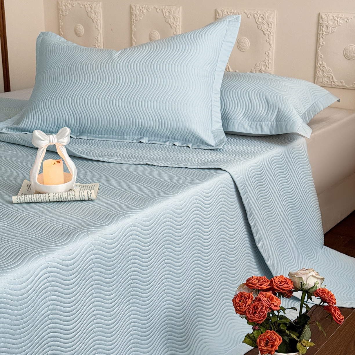 91家纺网 家纺一手货源 找家纺 摩时 2026春夏新品莱赛尔凉席空调软席凉席席子三件套 天际兰