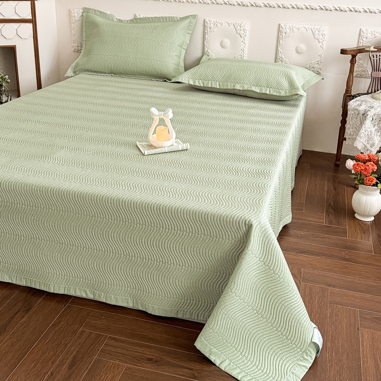 91家纺网 家纺一手货源 找家纺 摩时 2026春夏新品莱赛尔凉席空调软席凉席席子三件套 翡翠绿