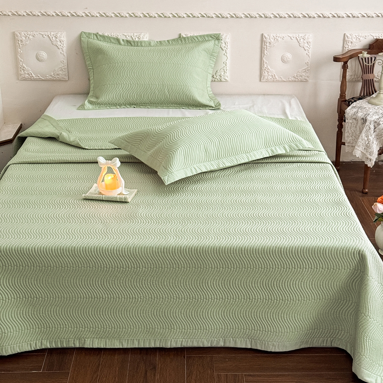 91家纺网 家纺一手货源 找家纺 摩时 2026春夏新品莱赛尔凉席空调软席凉席席子三件套 翡翠绿