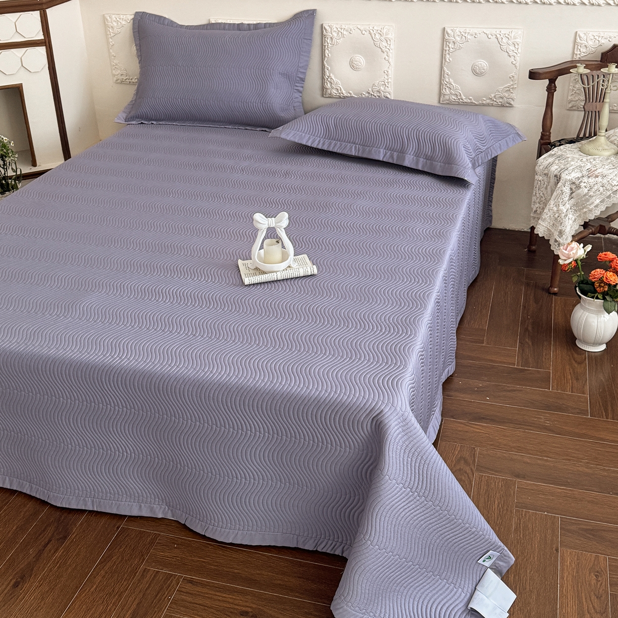 91家纺网 家纺一手货源 找家纺 摩时 2026春夏新品莱赛尔凉席空调软席凉席席子三件套 紫藤灰