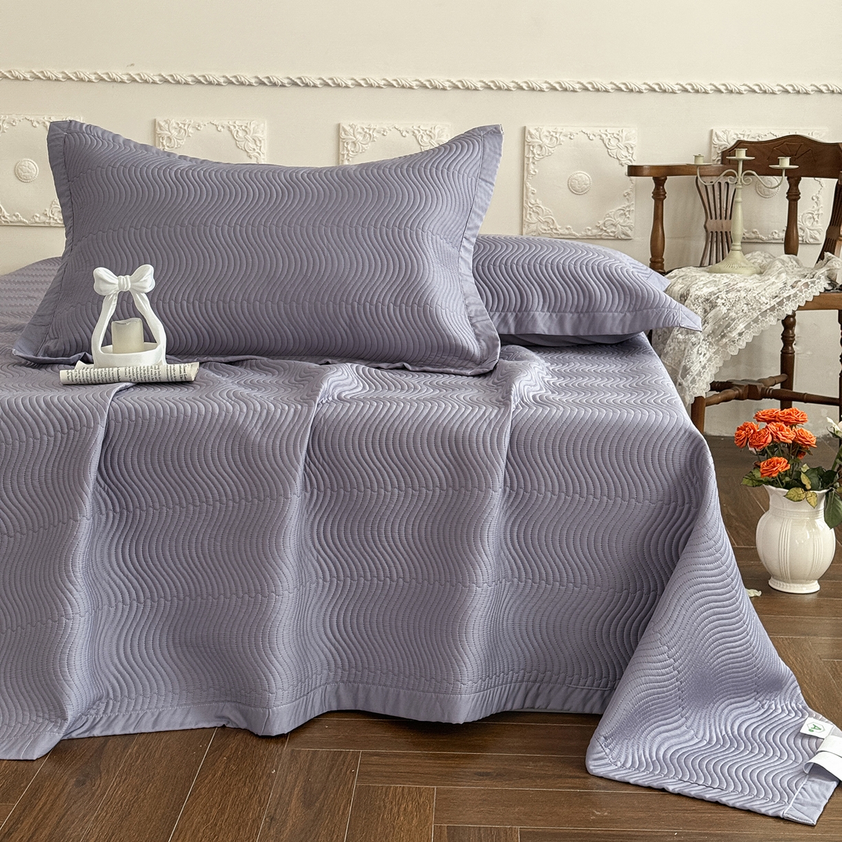 91家纺网 家纺一手货源 找家纺 摩时 2026春夏新品莱赛尔凉席空调软席凉席席子三件套 紫藤灰