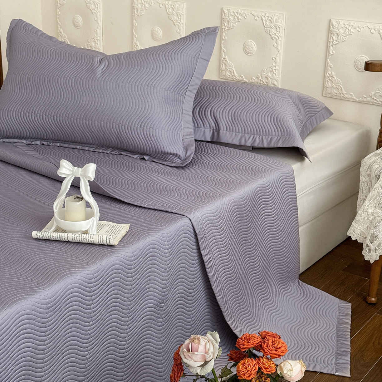 91家纺网 家纺一手货源 找家纺 摩时 2026春夏新品莱赛尔凉席空调软席凉席席子三件套 紫藤灰