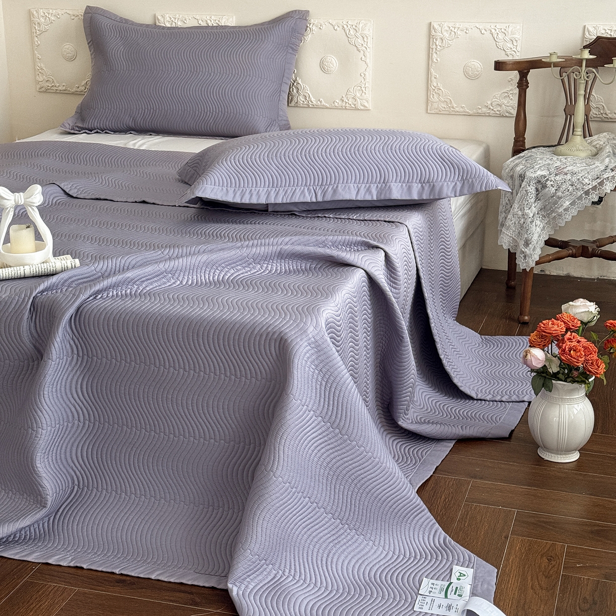 91家纺网 家纺一手货源 找家纺 摩时 2026春夏新品莱赛尔凉席空调软席凉席席子三件套 紫藤灰