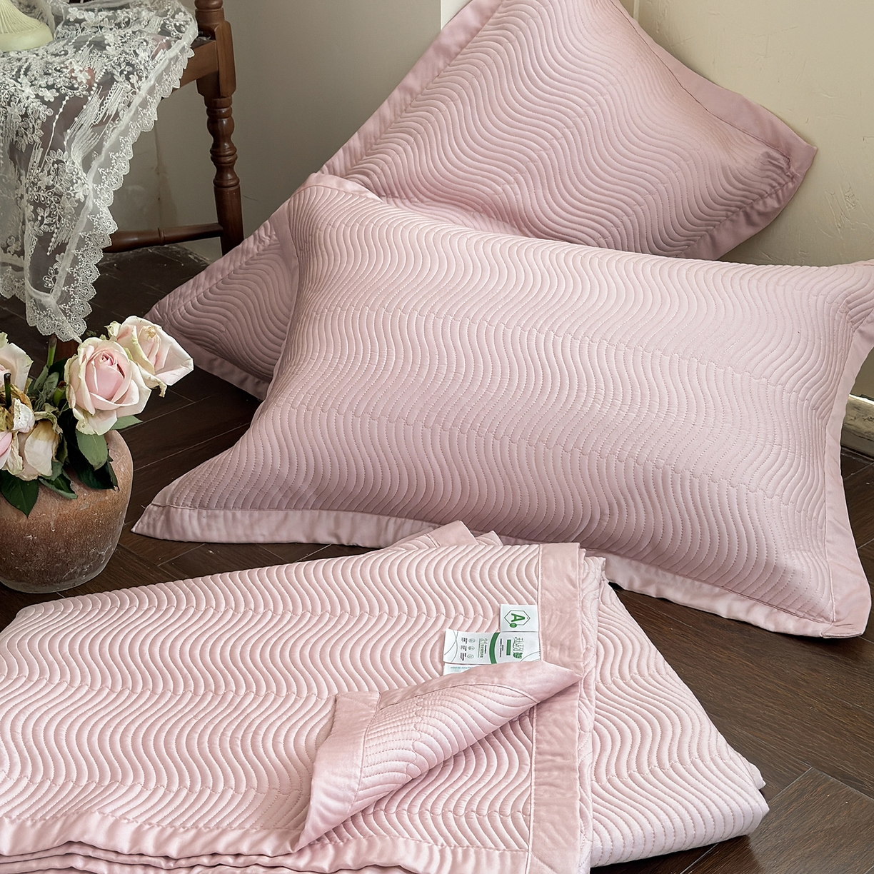 91家纺网 家纺一手货源 找家纺 摩时 2026春夏新品莱赛尔凉席空调软席凉席席子三件套 樱花粉