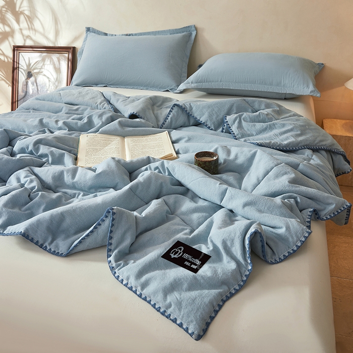 91家纺网 家纺一手货源 找家纺 阳光被业 2026新款100%棉花双层纱夏被新疆棉花空调被可机洗夏凉被绣边踩棉工艺 纯色--湖蓝