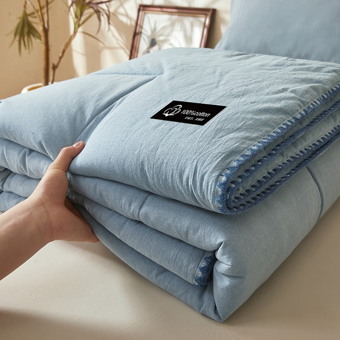 91家纺网 家纺一手货源 找家纺 阳光被业 2026新款100%棉花双层纱夏被新疆棉花空调被可机洗夏凉被绣边踩棉工艺 纯色--湖蓝