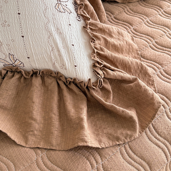 91家纺网 家纺一手货源 找家纺 贝凯瑞 2026新款双层纱木棉水洗棉法式复古花边床盖单件三件四件套-焦糖系列 焦糖蝴蝶结