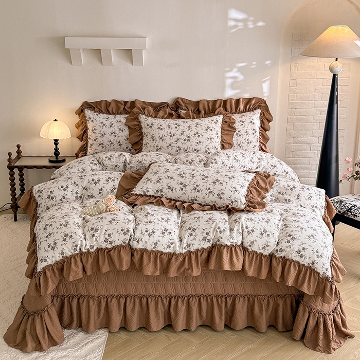 贝凯瑞 2026新款双层纱木棉水洗棉法式复古花边床盖单件三件四件套-焦糖系列 焦糖花漾